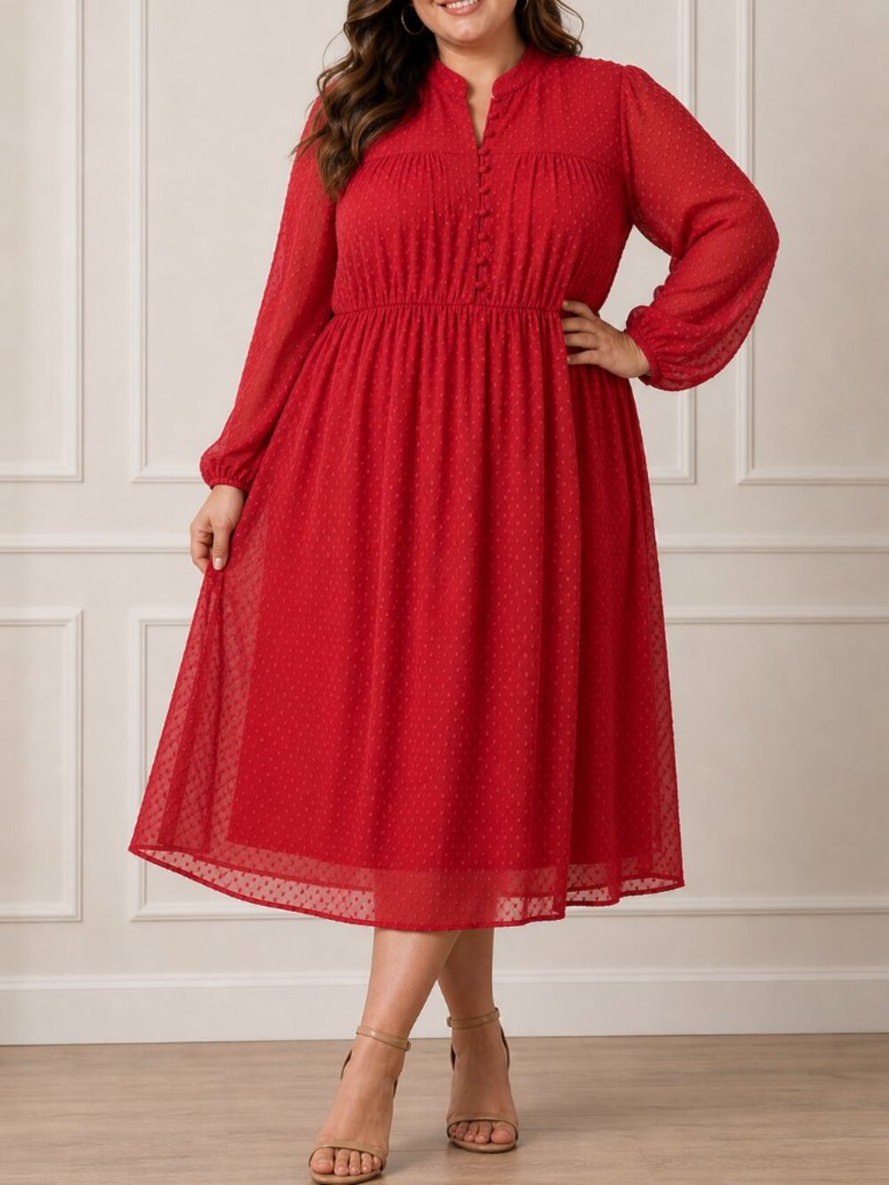 Torrid Red Swiss Dot Midi Dress Sz 2X NWT Sheer Long Sleeve Layered